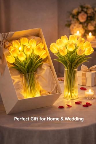 15 PCS Radiant Romantic Tulip Light with Vase, Twinkling Tulips Tree, LED Artificial Flowers Ambient Night Lamp, Gentle Li...