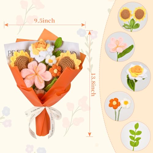 Gouraml Crochet Flower Bouquet, Orange Crochet Flowers for Mother's Day, Crochet Sunflowers Tulips Roses Bouquet for Valen...