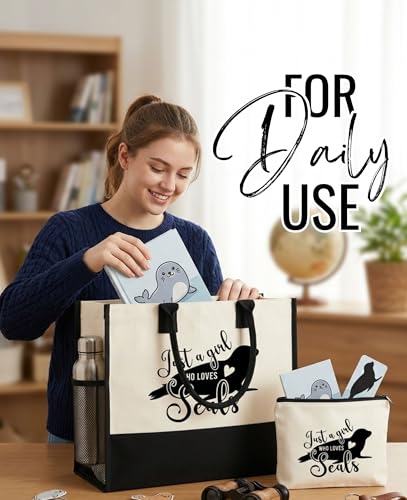 InnoBeta Seal Gifts for Seal Lovers on Christmas or Birthday, Canvas Tote Bag with Top Zipper Closure and Shoulder Strap -...