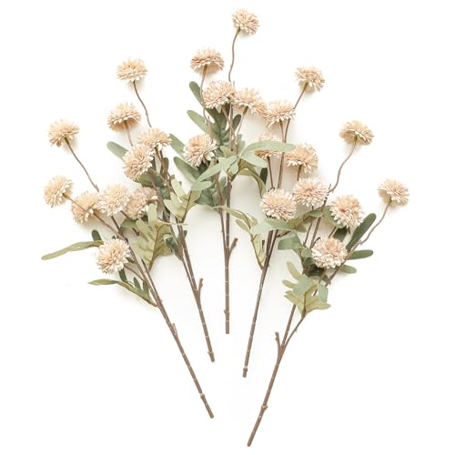 Floroom 5pcs Beige Faux Silk Mums Artificial Flowers, Bulk Fake Small Mini Chrysanthemums with Stems for DIY Champagne Wed...