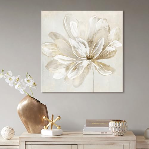 SEVEN WALL ARTS White Flower Wall Art Beige and Gold Blooming Flower Abstract Floral Artwork Print Poster for Living Room ...