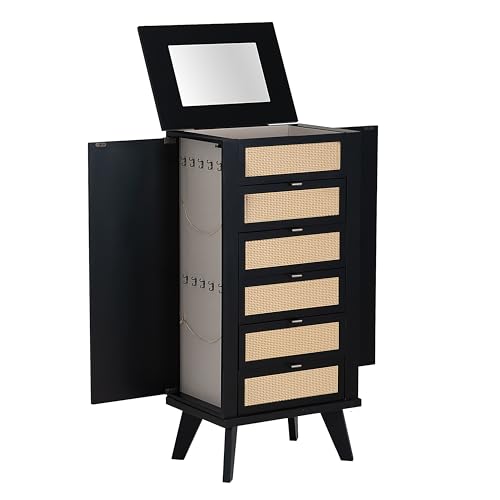 Powell Helene Black Wooden Jewelry Armoire with Cane Drawer Fronts