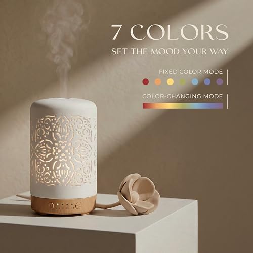 Earnest Living Essential Oil Diffuser White Ceramic Diffuser 100 ml Timers Night Lights and Auto Off Function Home Office ...