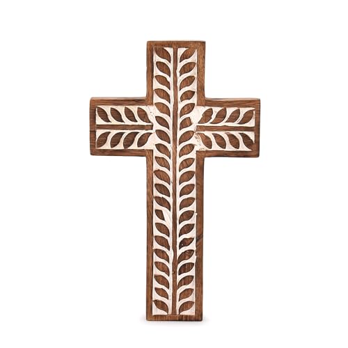 NIRMAN Mango Wood Religious Catholic Cross Wall Hanging Floral Carvings Living Room Home Décor for Entryway Office Living ...