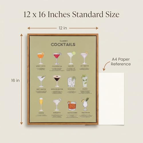 Wallart Street Retro Framed 12x16 inches Classic Cocktails Poster – Illustrated Mixology Guide for Bar, Kitchen, or Home B...