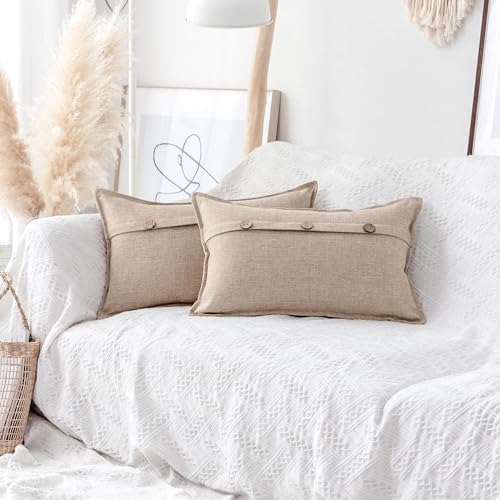 Home Brilliant Linen Pillow Covers 12x20 Burlap Button Throw Pillow Covers Decorative Triple Button Farmhouse Cushion Cove...