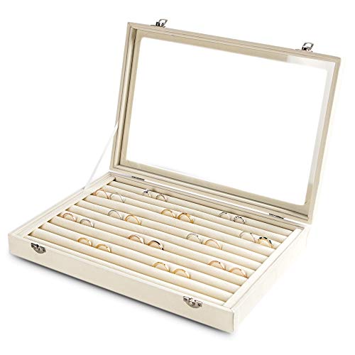 Frebeauty Rings/Earrings Organizer Tray with Clear Lid 10 Slots Velvet Drawer Insert Jewelry Storage box with Glass lid Je...
