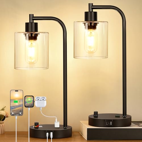 Set of 2 Industrial Table Lamps with USB C+A Ports and Outlet, Fully Stepless Dimmable Bedside Lamps for Bedrooms, Nightst...