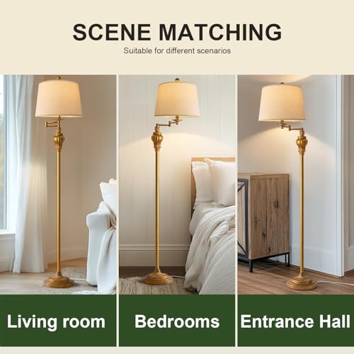 G-SAFAVA 61" Vintage Floor Lamp with 350° Adjustable Swing Arm, Gold Standing Lamp for Bedroom Living Room Nightstand Beds...