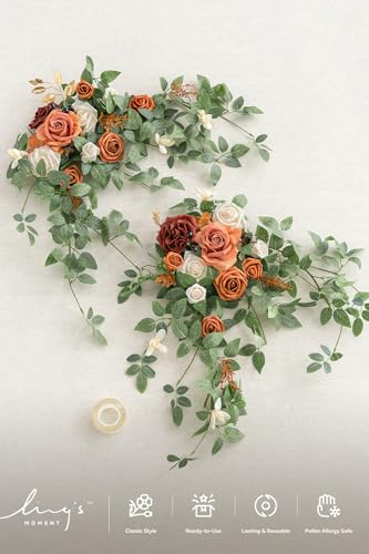 Ling's moment 2PCS Terracotta Arch Flowers Artificial Floral Swags Centerpieces Wedding Decor Mantel Faux Burnt Orange Ros...