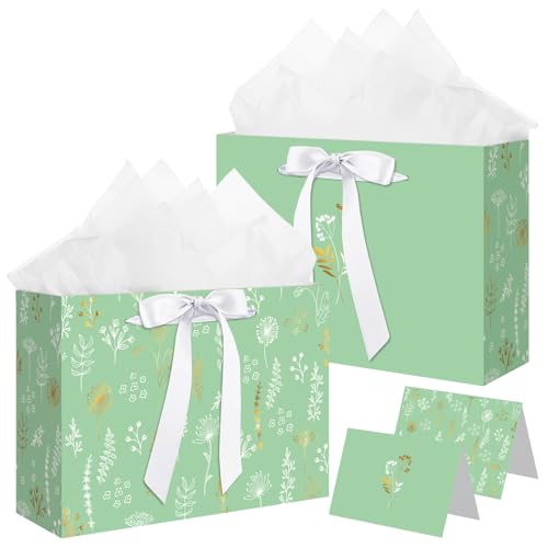 woric 13.7''Gift Bags Set of 2 Large Sage Green Bags for Women with Handles Tissue Paper Cards for Mother's Day Weddings B...