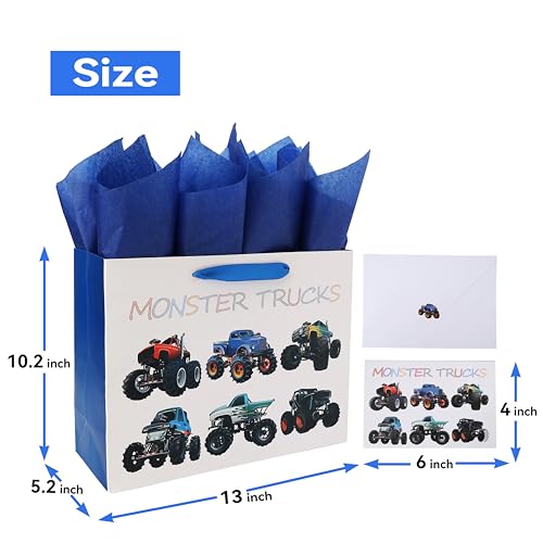 13" Large Birthday Gift Bags Set with Greeting Card and Tissue Paper (Monster Trucks Design) for boys, Kids, Baby boy,Baby...