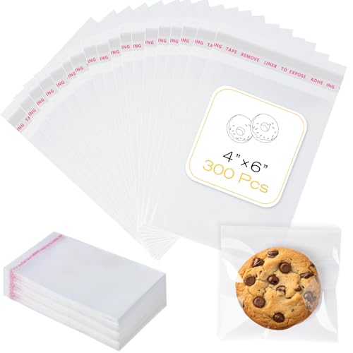 300 Pcs Cookie Bags with Seal, 4x6 Inches Self Sealing Cellophane Bags, Clear Cookie Bag Resealable Treat Bags for Packagi...