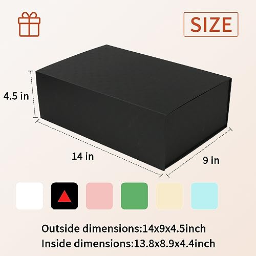 YINUOYOUJIA Large Black Gift Box14x9x4.5 inches,Gift Boxes with Magnetic Closure Lid,Ribbon and Card,Present Box for Birth...