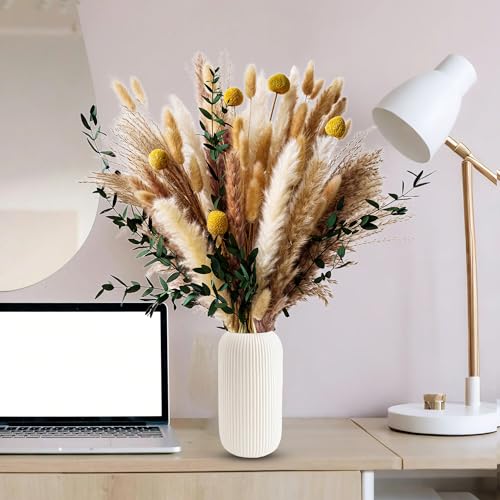 Boho Dried Flowers Bouquet – Olive Green Wall Decor, Pampas Grass Bouquet, Rustic Flower Arrangement, Moody Office & Bedro...