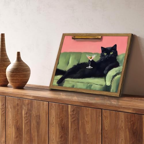 Funny Black Cat Martini Wall Art, Bar Cart Decor, Eclectic Cocktail Painting Canvas Print, Cute Animal Artwork Picture for...