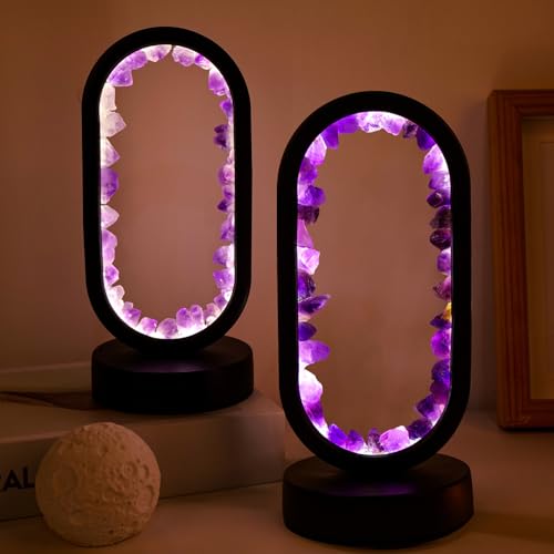 Runyangshi Crystal Lamp Amethyst Raw Stone Ellipse Night Lamp Natural Healing Crystal Night Light Table Lamp Base USB Port...