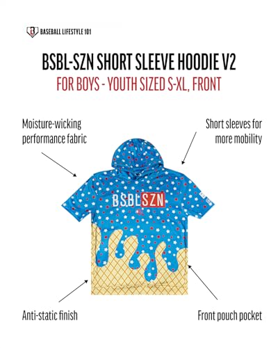 Baseball Lifestyle 101 BSBL SZN Youth Short Sleeve Hoodie with Front Pouch Pocket V2 Ice Cream Sizes Youth Small to XL