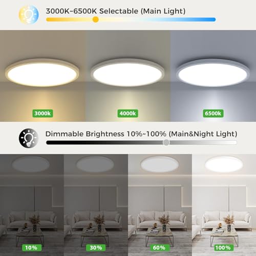 zemty 12 Inch LED Ceiling Light with Night Light 1800K, 3000K/4000K/6500K Dimmable Light Fixtures with Remote Control,24W ...