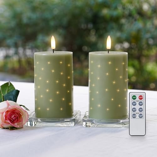 Rhytsing Sage Green Fiber Optic Real Wax Flameless Candles with Remote, Battery Operated Decorative Pillar Candles for Spr...
