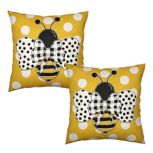 Wnoesat Summer Pillowcase 16x16 Set of 2 Yellow Honey Bee Polka Dots Holiday Throw Pillow Covers Bumblebee Outdoor Decorat...