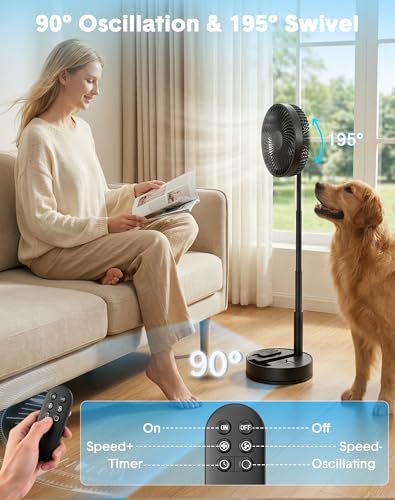 Portable Standing Oscillating Rechargeable Fan - 8" 8000mah Battery Operated USB Fans for Bedroom Quiet Remote Folding Ped...