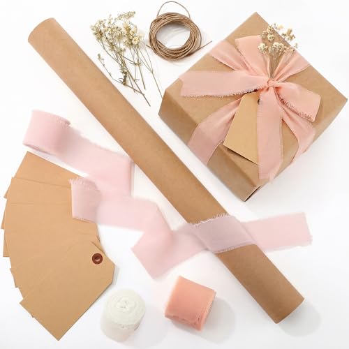 Suncalla 16 Pcs Neutral Wedding Wrapping Paper Set 16" Kraft Vintage Bridal Gift Wrapping Paper and Ribbon Gift Tags Dried...