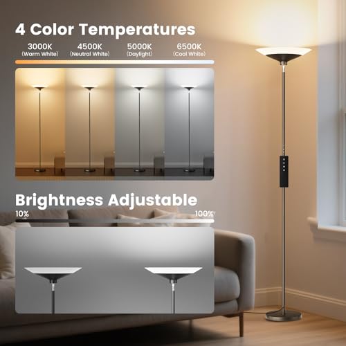 SIBRILLE Torchiere Floor Lamp - 72" Tall LED Standing Lamp with Remote/Button Control, 1800Lm, 3000-6500K, 30W Dimmable Mo...
