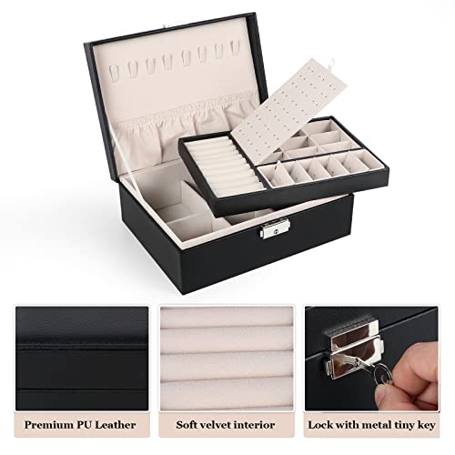 Jewelry Box for Women Girls, 2 Layers Jewelry Organizer Container with Lock, PU Leather Storage Case with Removable Tray, ...
