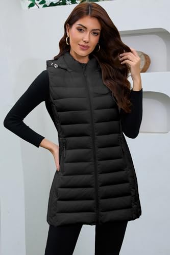 Long Puffer Vest for Women with Hood Lightweight Packable Sleeveless Vest for Spring, Fall & Winter