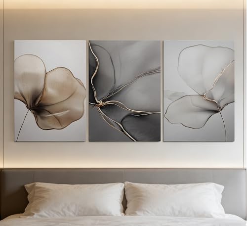 Abstract Floral Canvas Wall Art - Minimalist Gold Line Petal Picture Wall Decor - Modern Neutral Botanical Print Artwork f...