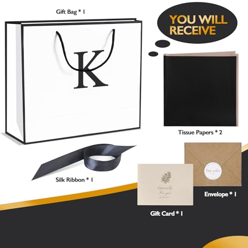 QLSKO Monogrammed Gift Wrap Bag Personalized Initial Paper Bag with Card Matching Envelope Sticker,Bow Ribbon and Wrapping...