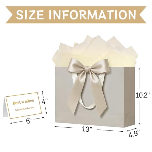 Laidans 13" Gift Bag with Handles and Bow Ribbon, Large Gift Bag with 3 Tissue Paper and 1 Card for Birthdays, Baby Shower...