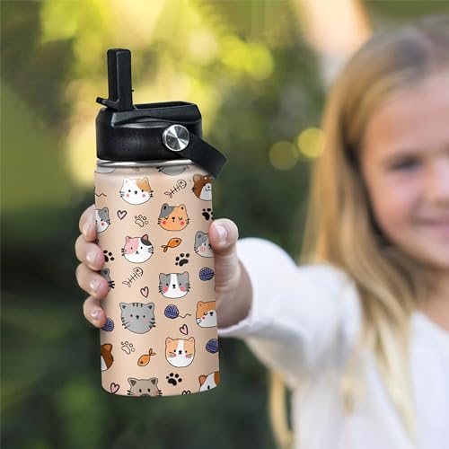 SANDJEST Kids Water Bottle Cat Water Bottles 12oz with Straw Insulated Stainless Steel Travel School Tumbler Double Wall V...