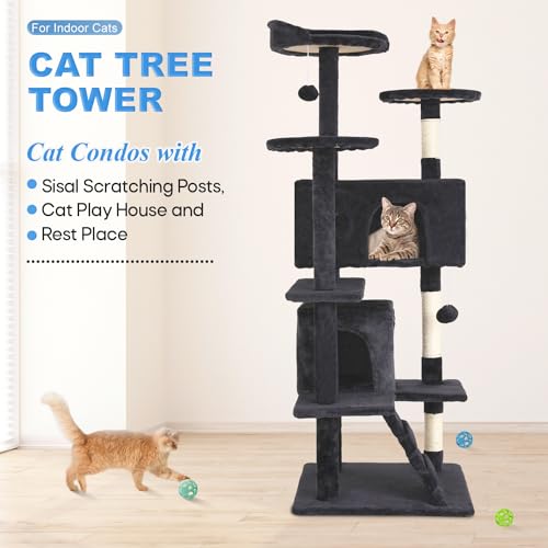 FDW | 54" Cat Tree Tower | Dark Gray | Multi-Level Indoor Activity Center with Sisal Scratching Posts, Condos, Plush Perch...