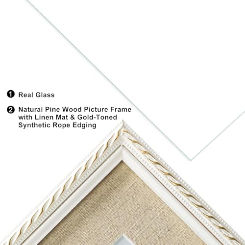 ibalux 5x7 Picture Frame Pine Wood with Real Glass, Gold-Toned Synthetic Rope Edging, Linen Matted to 4x6, Vertical and Ho...