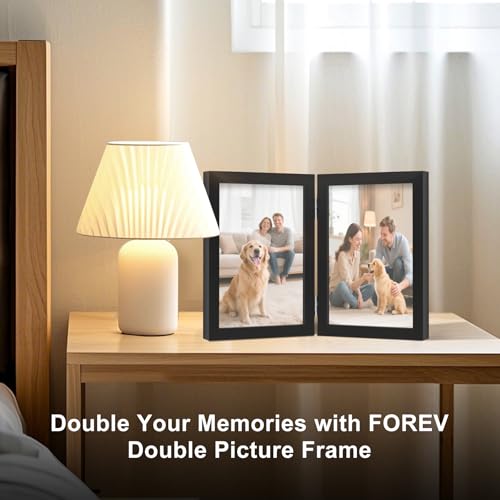 FOREV 4x6 Double Picture Frame Wooden Hinged Photo Frame Definition Glass Stand Vertically on Desktop or Tabletop Black