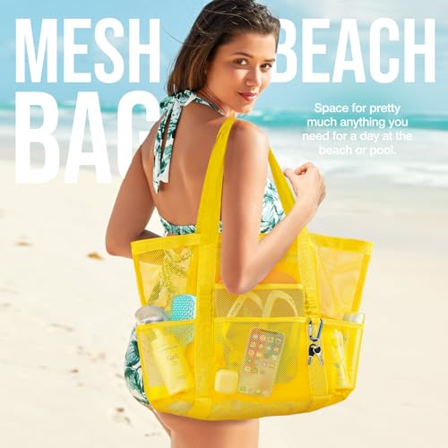 KPX Mesh Beach Bag, Large Beach Tote Bags for Women Foldable Mesh Swimming Pool Bag with Mini Pockets - Sandproof, Waterproof