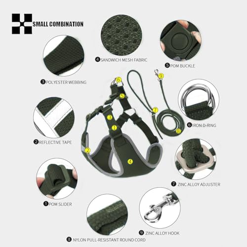 SMALL COMBINATION Adjustable Dog Harness with Leash Set, Reflective Padded,Matching Lead Rope (Army Green, XS)