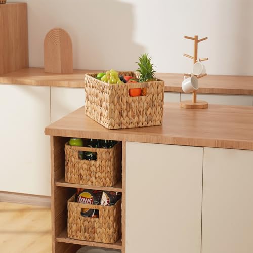 ELONG HOME Water Hyacinth Rectangular Wicker Baskets, 12" Wicker Basket 2 Pack, Woven Storage Baskets with Handles