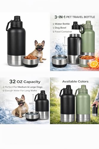 Portable Dog Water Bottle with Built-in Bowl, Leakproof Pet Travel Water Dispenser, 32oz Stainless Steel Dog Water Bottle ...