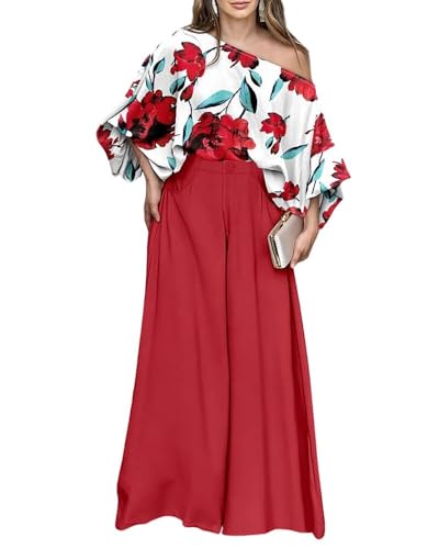CHICME Women Summer 2 Piece Outfits Off Shoulder Top Flowy Wide Leg Pants Set Vacation Travel Airport Outfits