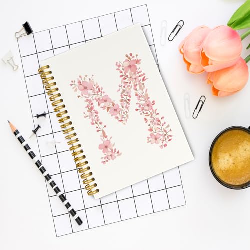 QROZIAR Pink Cute Spiral Notebook Journal, Preppy Floral Initial Letter M Personalized Journaling Notebooks, Monogrammed G...