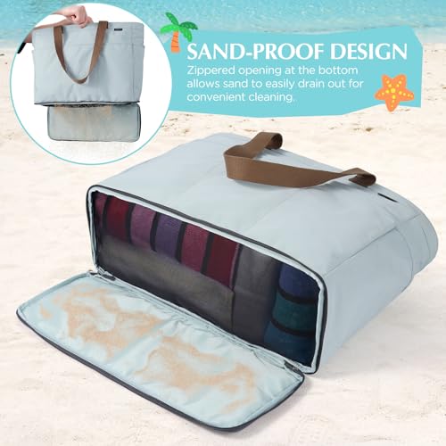 GAGAKU XL Beach Bag with Zipper & Cooler Compartment, Sand-Proof Foldable Large Tote Bag for Cruise, Travel, Family, Women