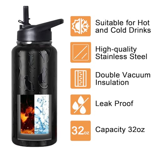 bmxbsk 32 oz Halloween Tumbler 3d-Printed Black Cat Tumblers Insulated Water Bottle with Straws and Flip Lid Stainless Ste...