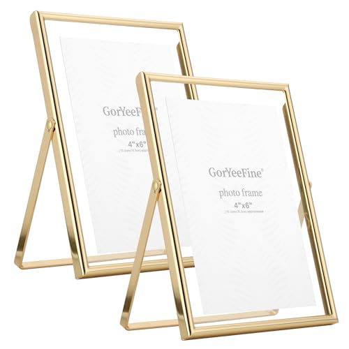 Gold 5x7" Floating Frame 2pack for Photo Sizes(3.5x5'',4x6'')for Adjustable Tabletop/Shelf Photo Frame,4x6'' Classy Gift f...