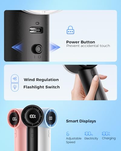 SWEETFULL Portable Handheld Fan Rechargeable - 6 Gear High Speed Powerful Mini Turbo Fan with Flashlight, Digital Display,...