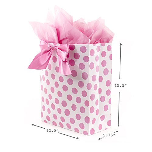 Hallmark 15" Extra Large Gift Bag with Tissue Paper (Pink Polka Dots and Bow) for Birthdays, Easter, Baby Showers, Bridal ...
