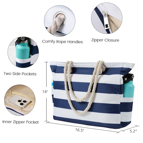 Clothirily Beach Bag for Women - Large Beach Tote Bag, Waterproof Sandproof Beach Bag with Zipper, Large Swim Pool Beach Tote