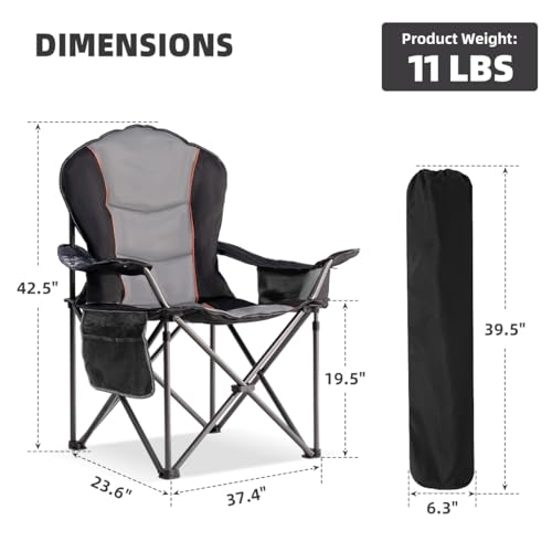 Foristrail Large Camping Chair with Side Table Heavy Duty 500LBS - Folding Outdoor Chair with Cooler Bag (Black & Gray, 1 ...